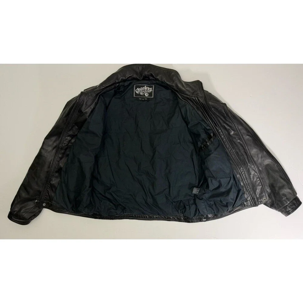 Vintage Charley's Leather Bomber Jacket Mens Sz 42 Black Full Zip Moto Movie